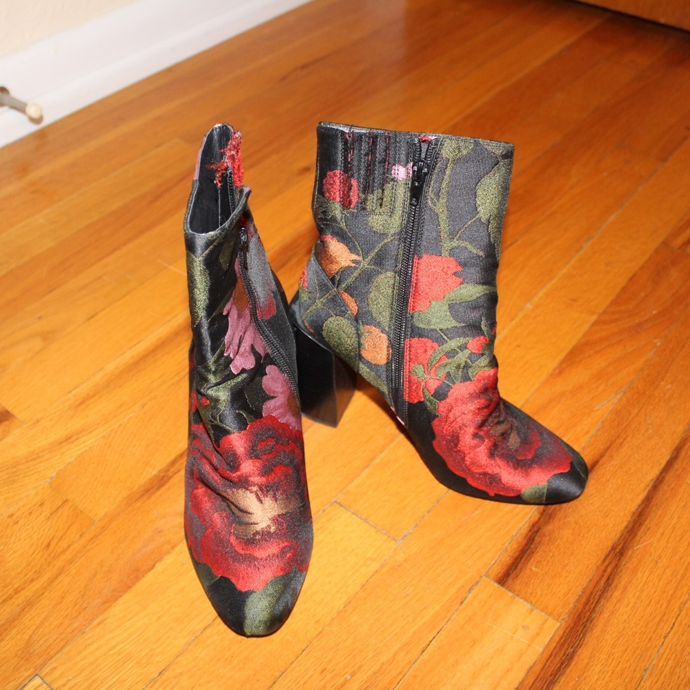 Jeffrey Campbell Red Floral Velvet Ankle Boots